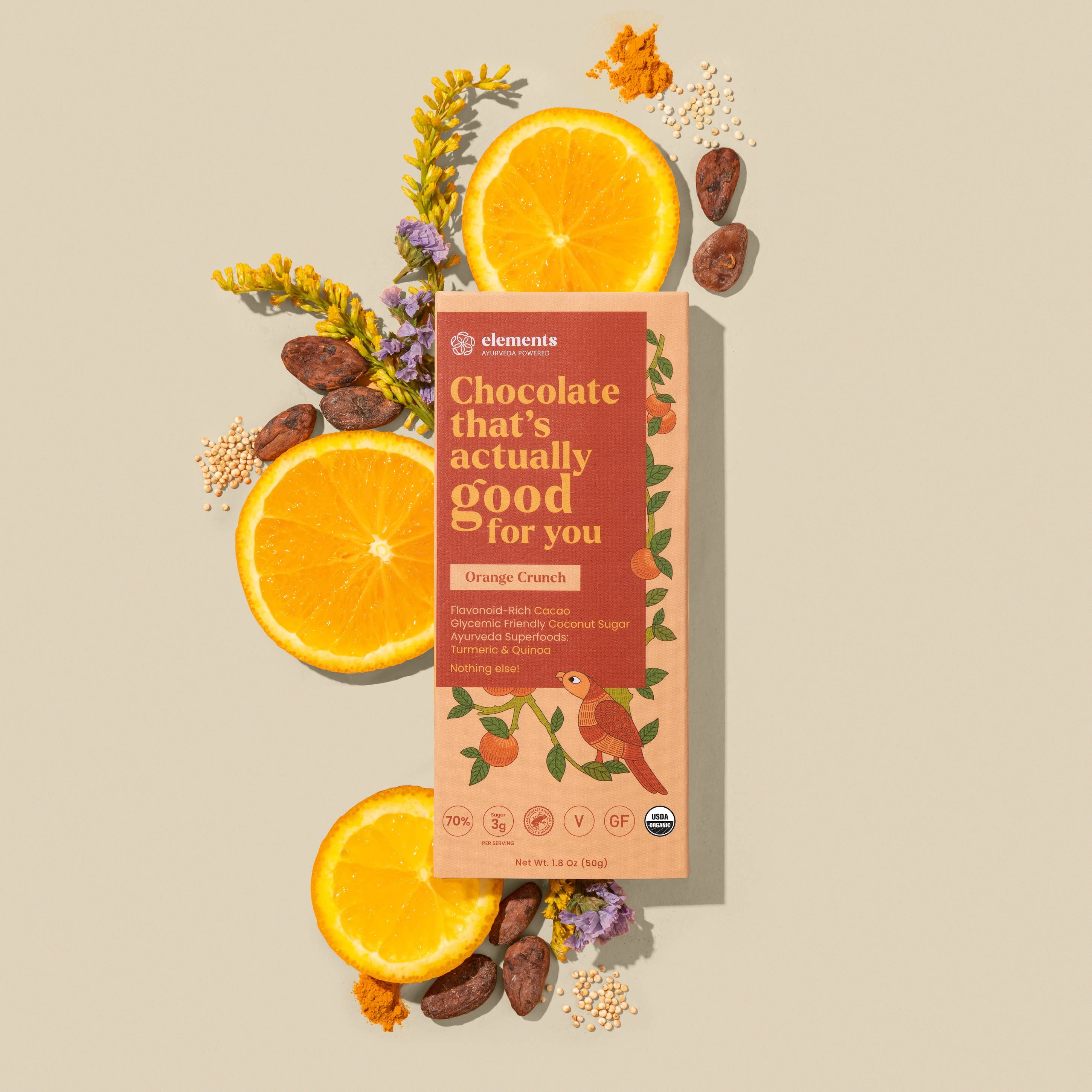 Orange Crunch 70% Dark Chocolate Bar front wrapper packaging