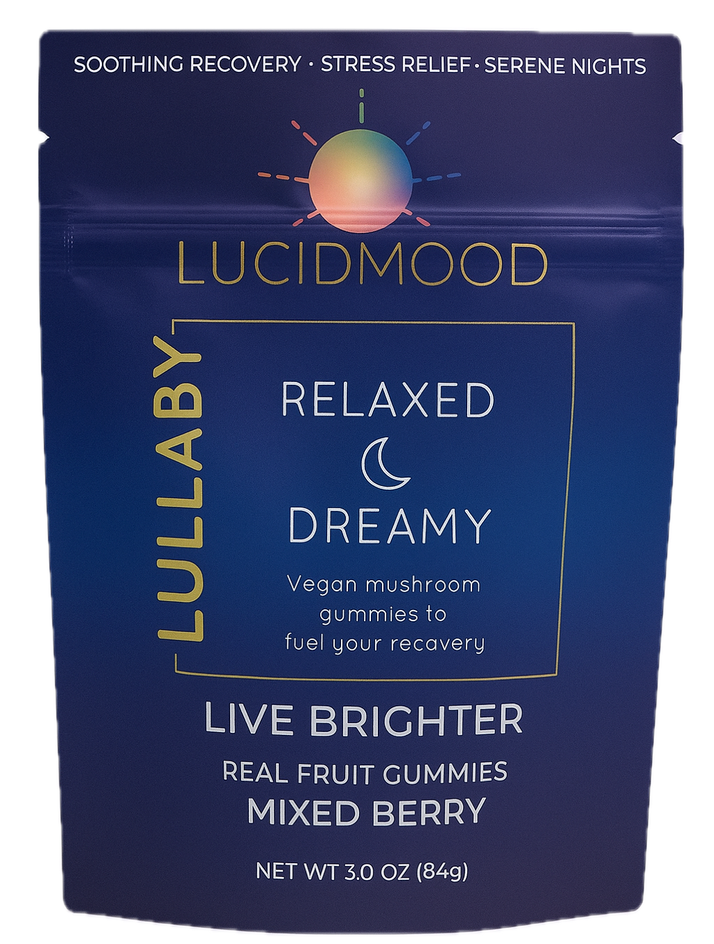 Lucidmood Lullaby Natural Sleep Gummies product front view, natural melatonin-free sleep gummies
