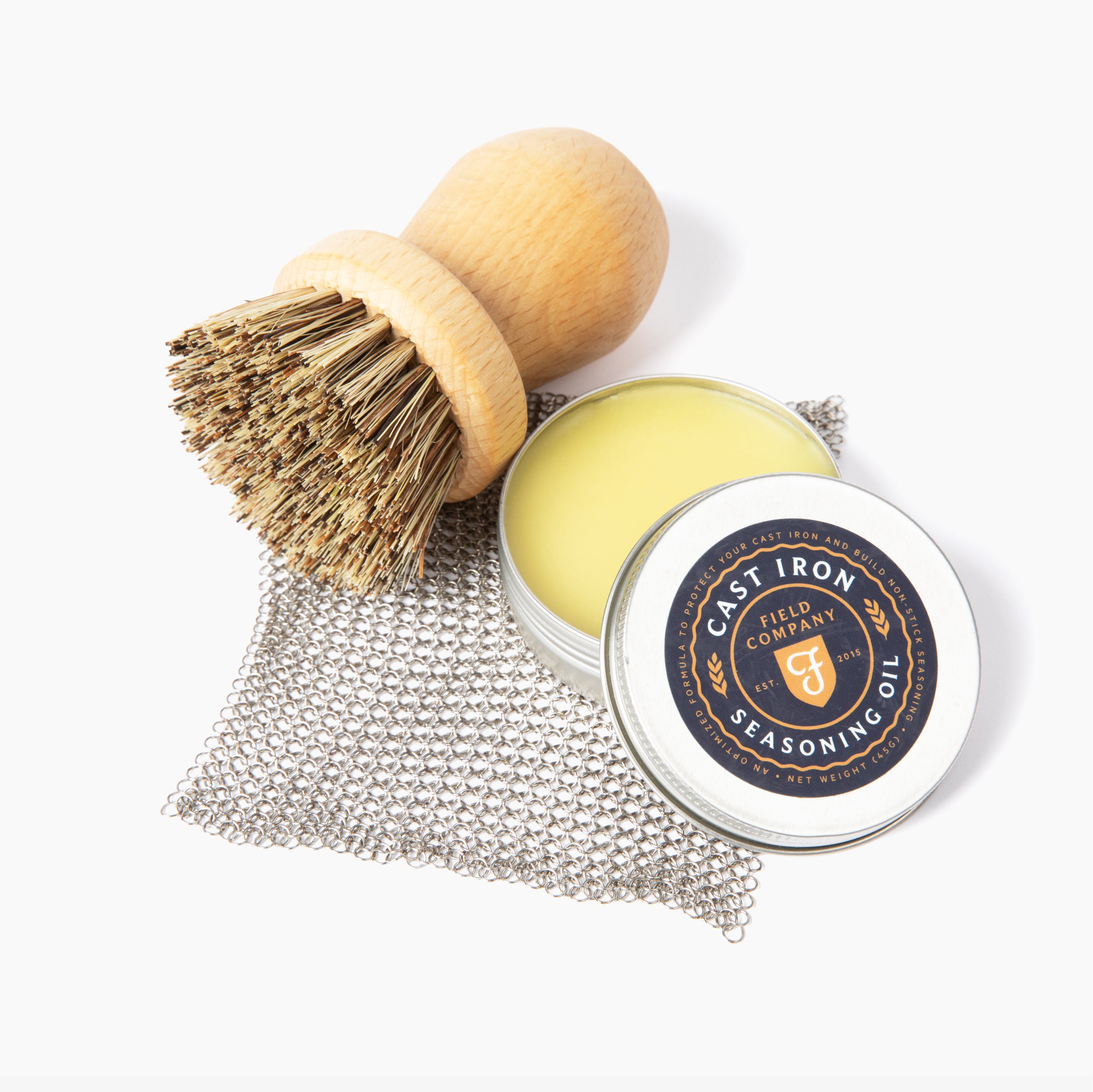 Cast Iron Care Kit contents - all-natural cleaning and seasoning supplies for cast iron