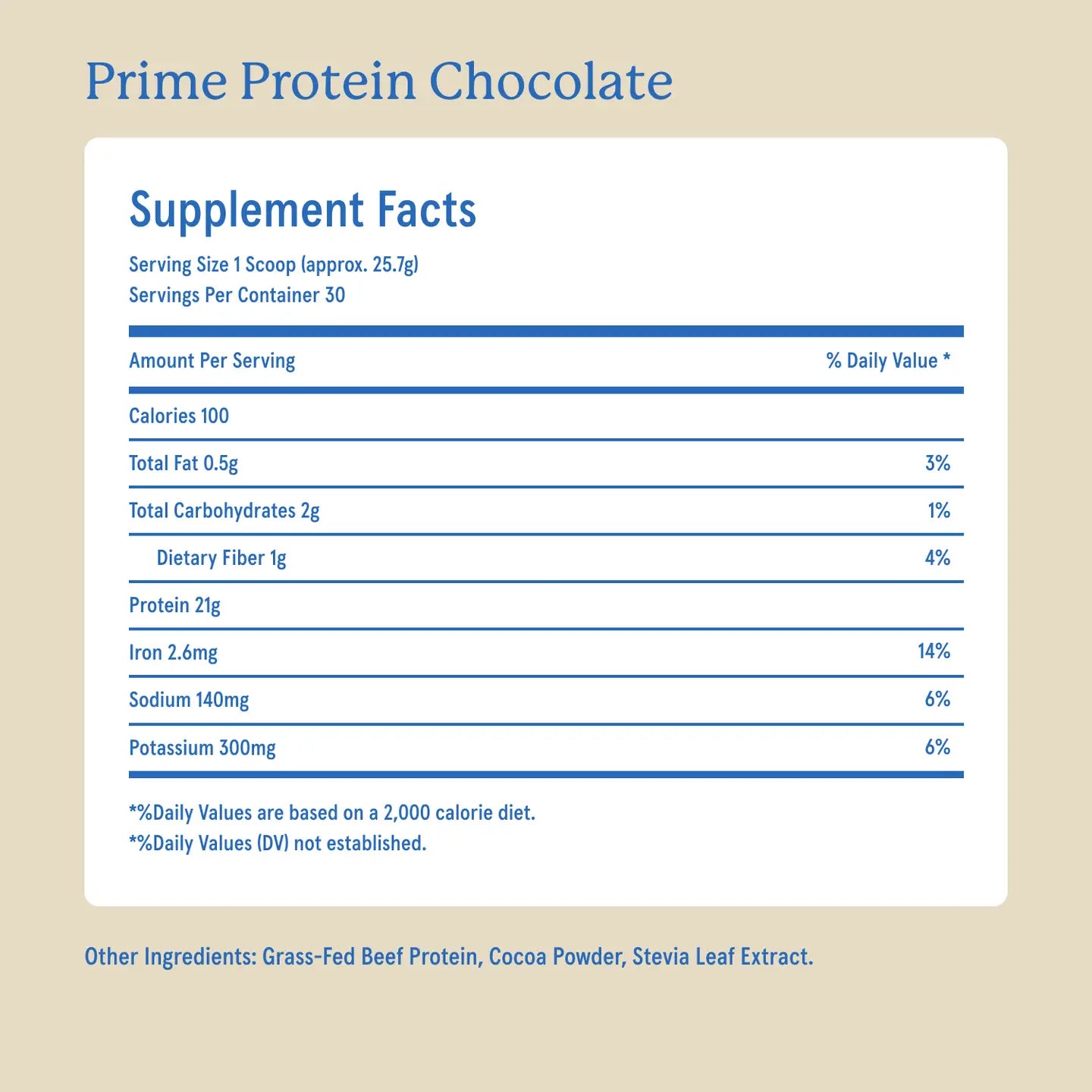 Prime Protein Grass-Fed Beef Isolate Powder bag side angle view showing nutrition facts