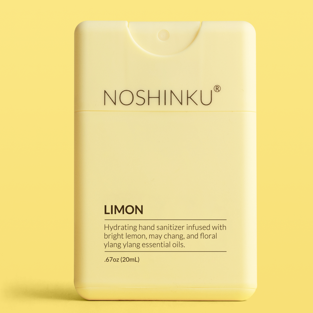 Refillable Lemon Ylang-Ylang Moisturizing Pocket Sanitizer product front view, uplifting citrus floral sanitizer
