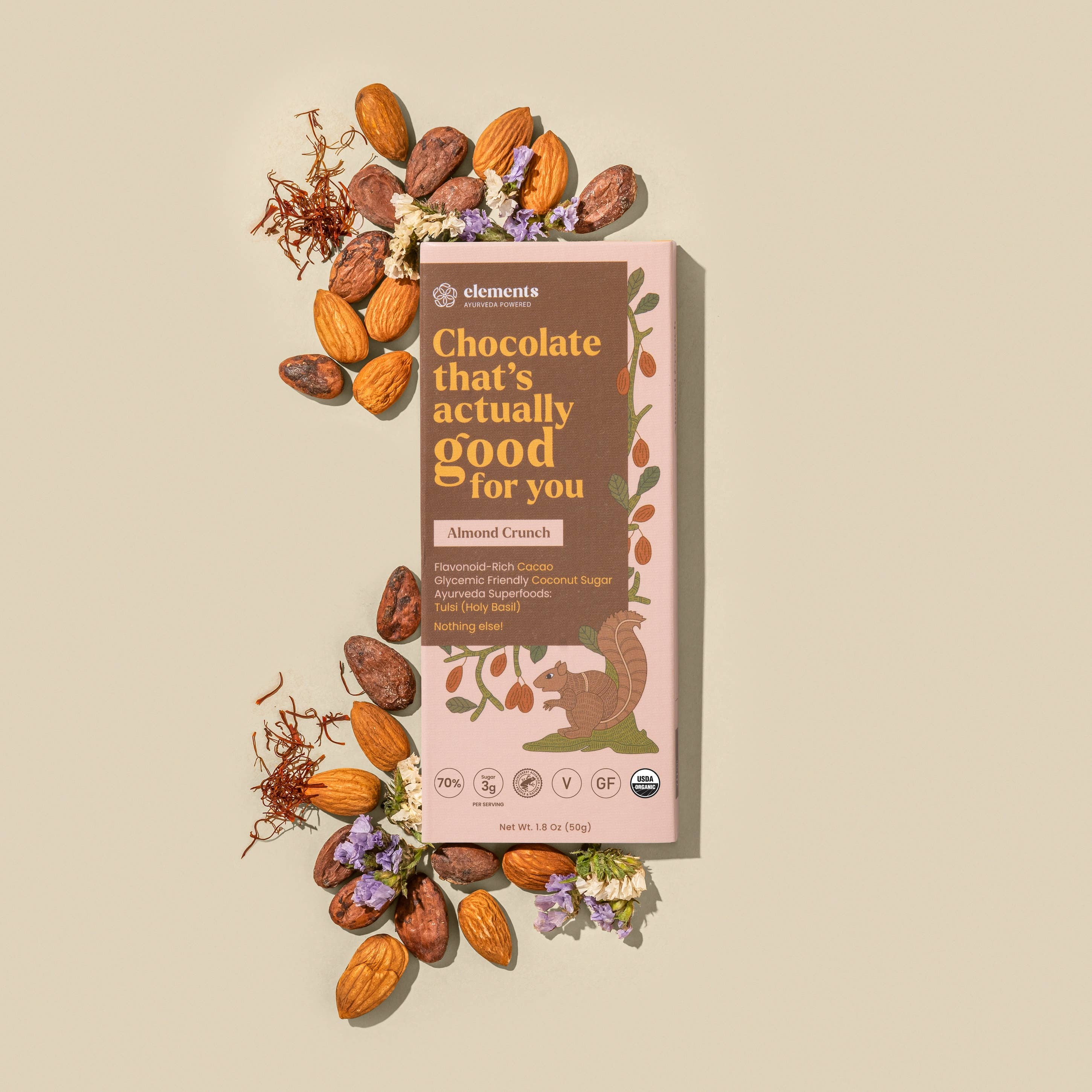 Almond Crunch 70% Dark Chocolate Bar front wrapper packaging