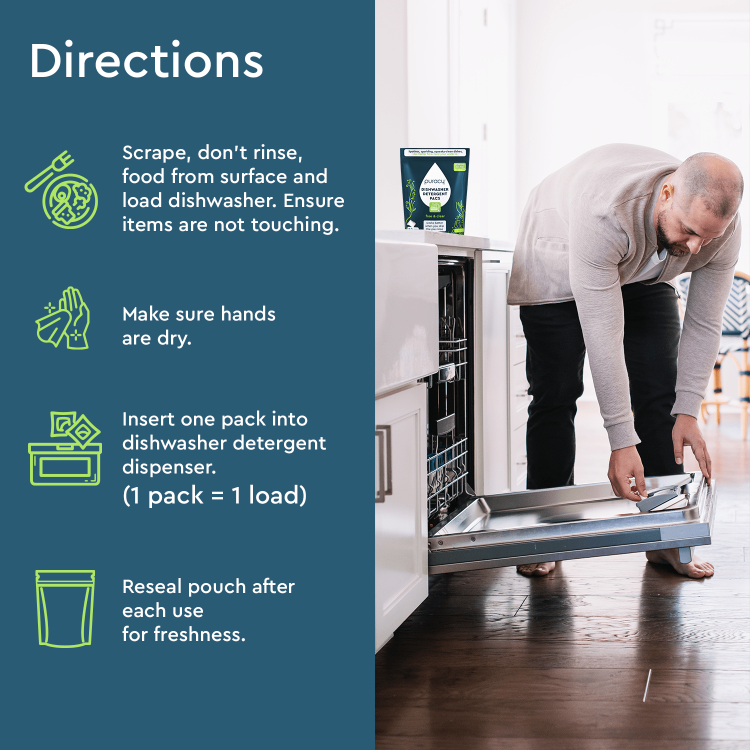 Puracy Natural Dishwasher Detergent Packs: Free & Clear / Pack of 50 - Free Living Co