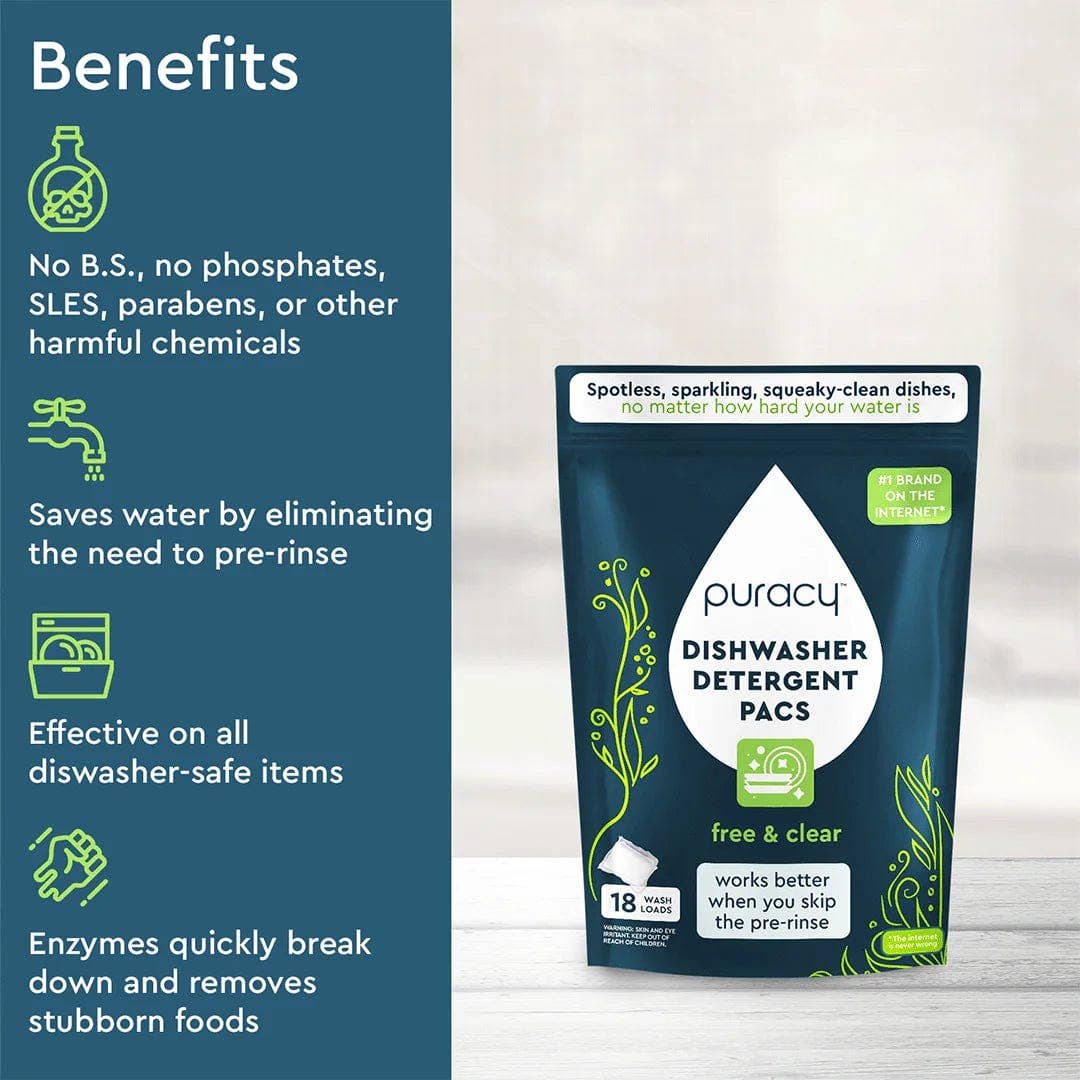 Puracy Natural Dishwasher Detergent Packs: Free & Clear / Pack of 50 - Free Living Co