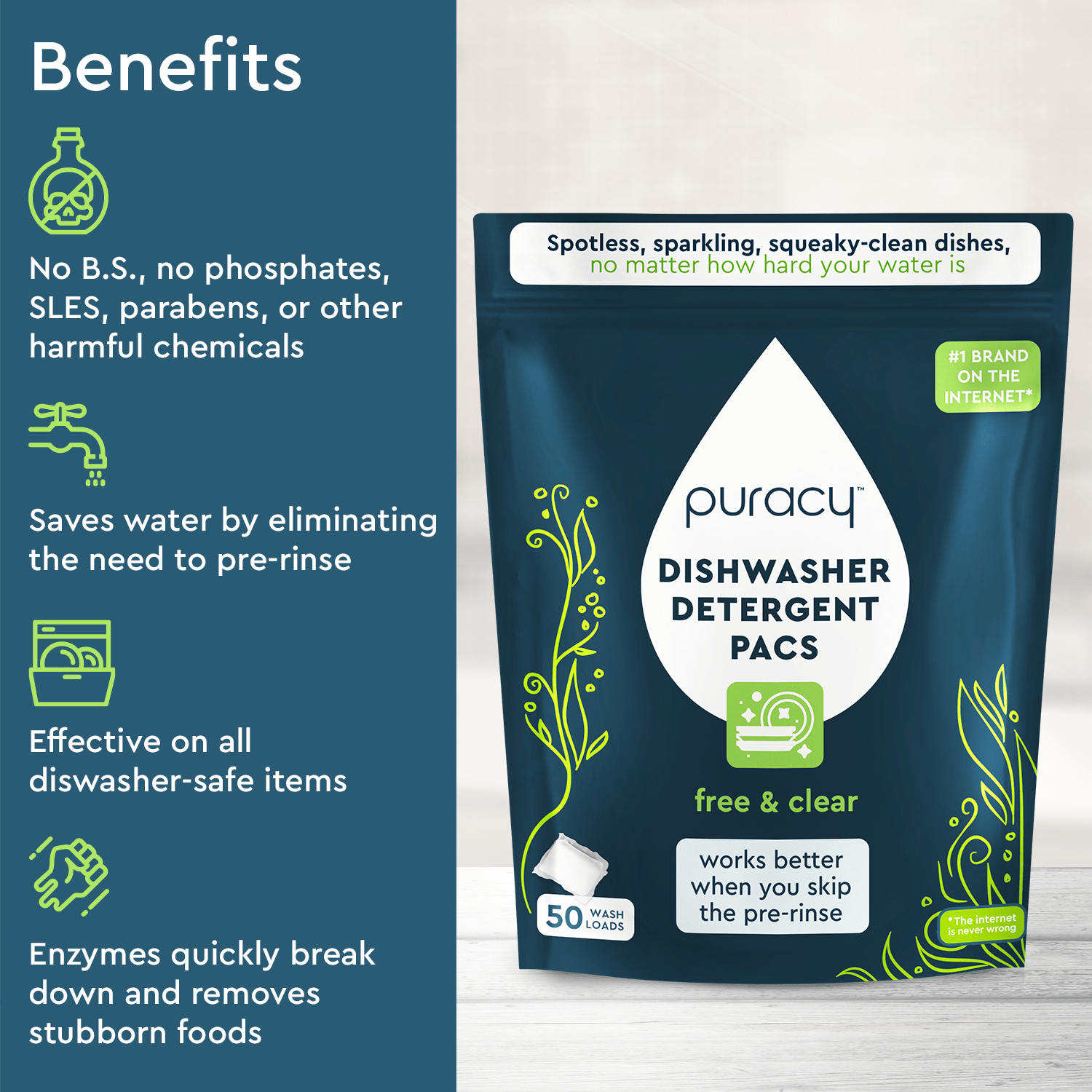 Puracy Natural Dishwasher Detergent Packs: Free & Clear / Pack of 50 - Free Living Co