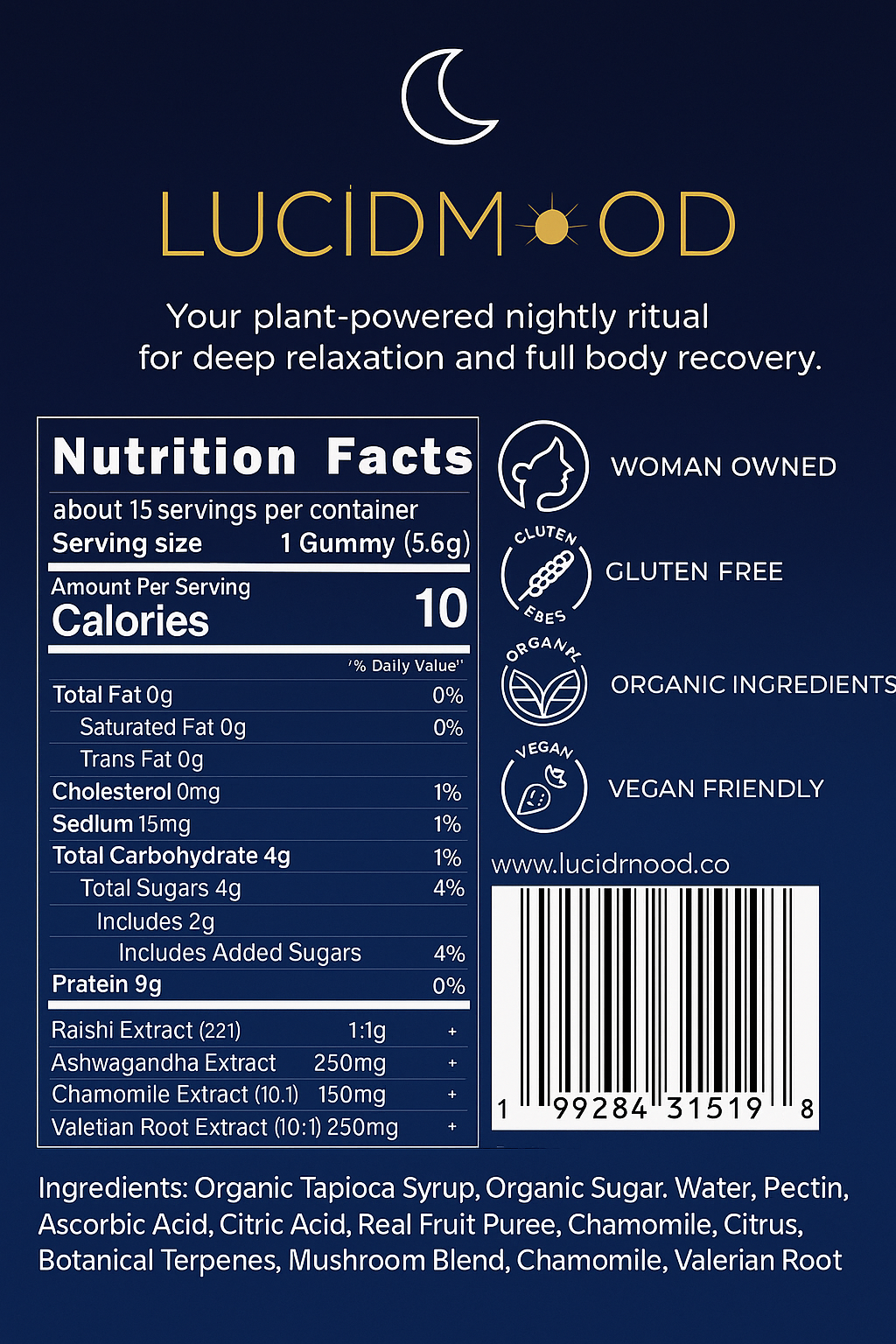 Lucidmood Lullaby Natural Sleep Gummies close-up of gummy texture and color