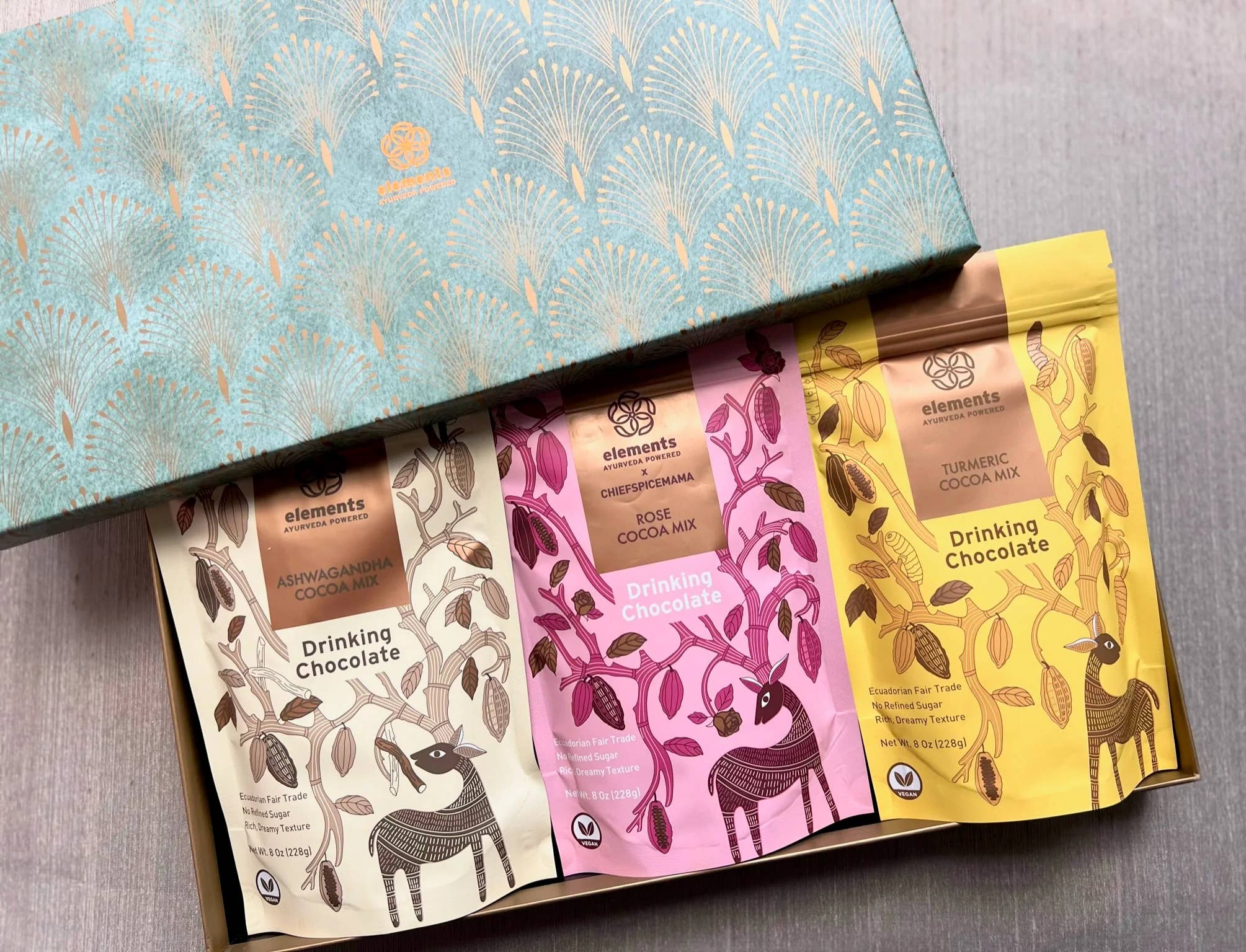 Jupiter Box Drinking Chocolate Trio gift set product view, three flavors of premium drinking chocolate