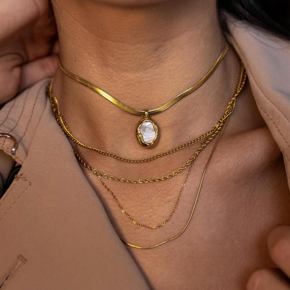 Windsor Necklace Gold worn lifestyle photo