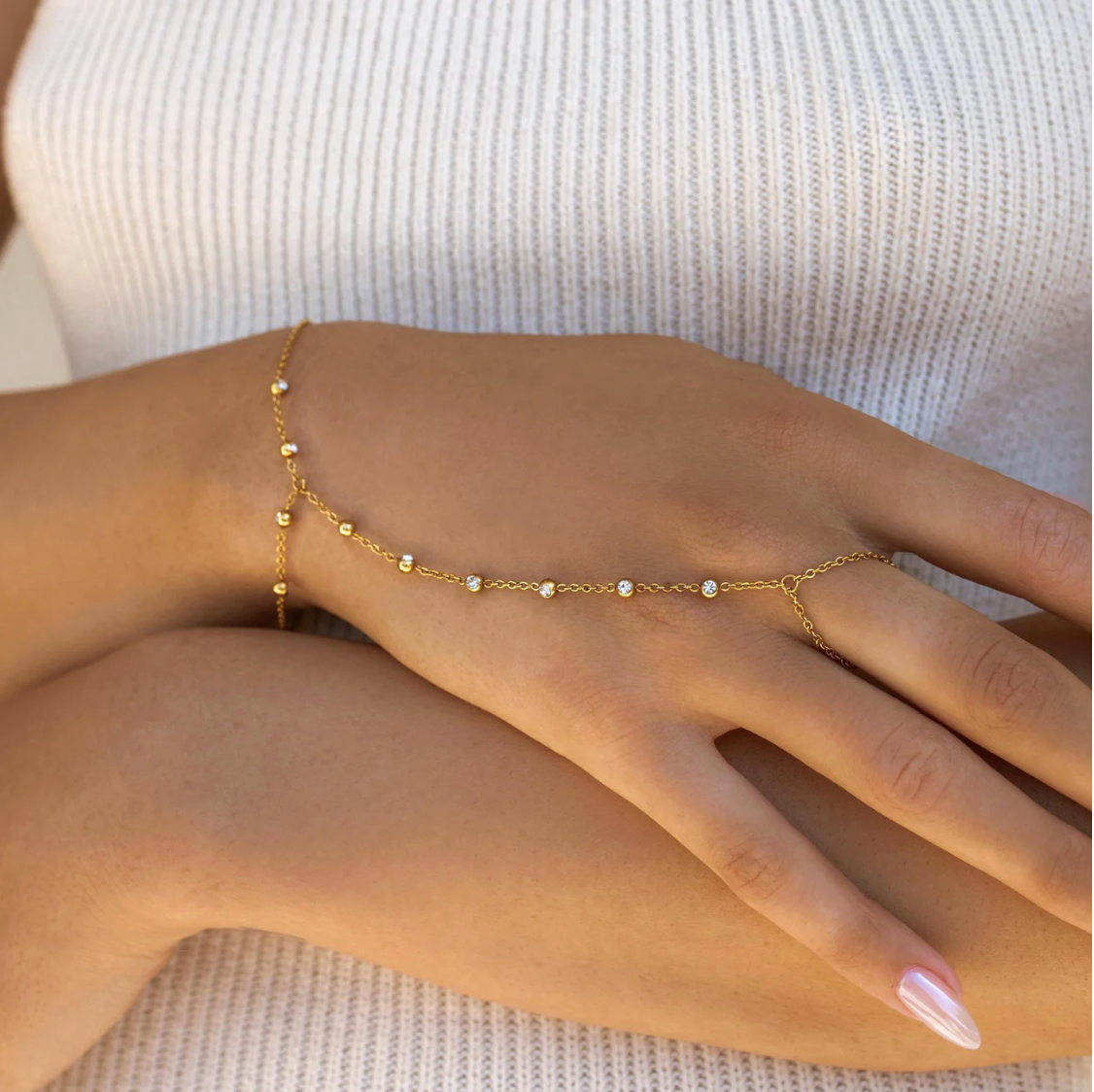 Josephine Hand Chain Gold front view dainty layered hand jewelry