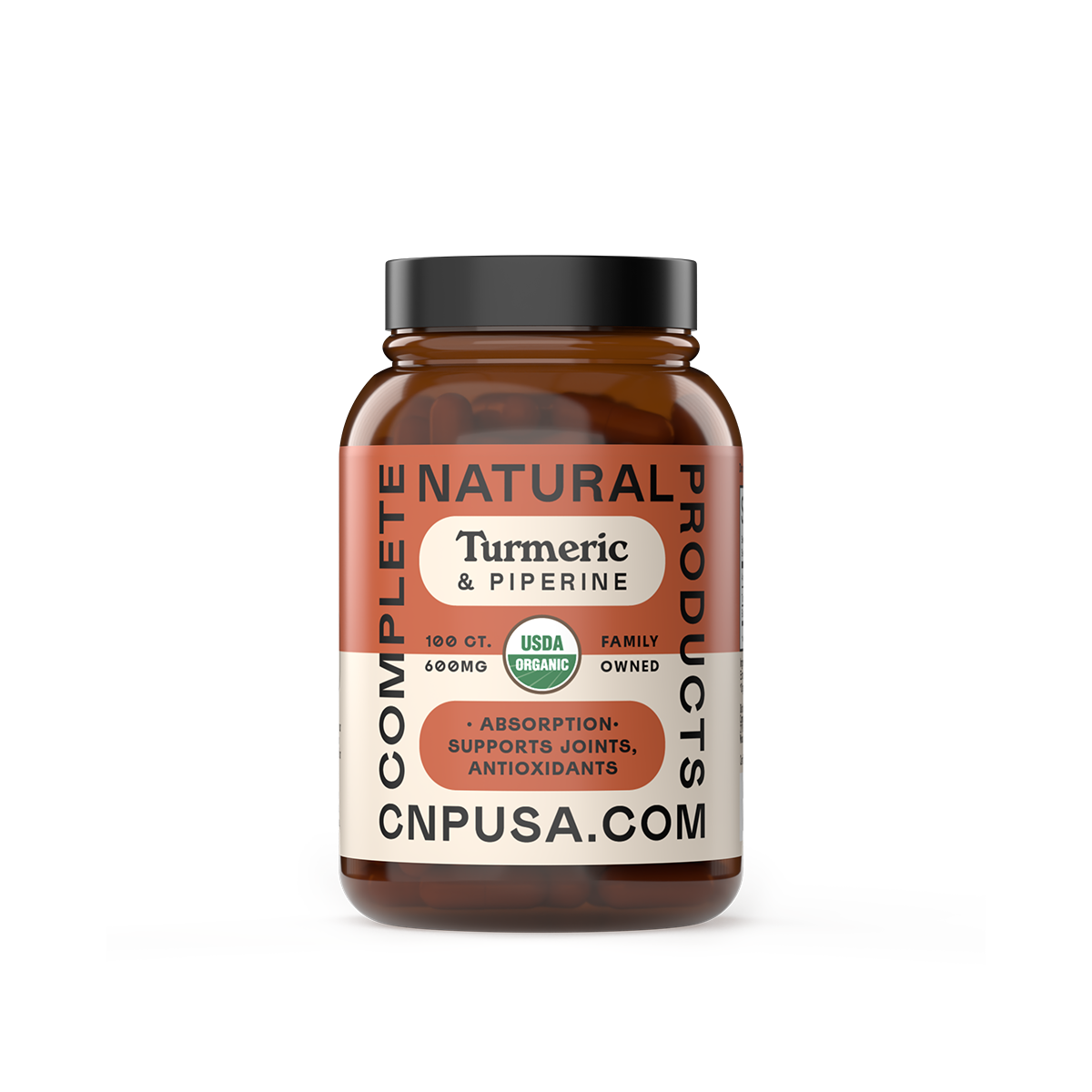 Organic Turmeric Black Pepper Capsules 2025 front bottle label with piperine