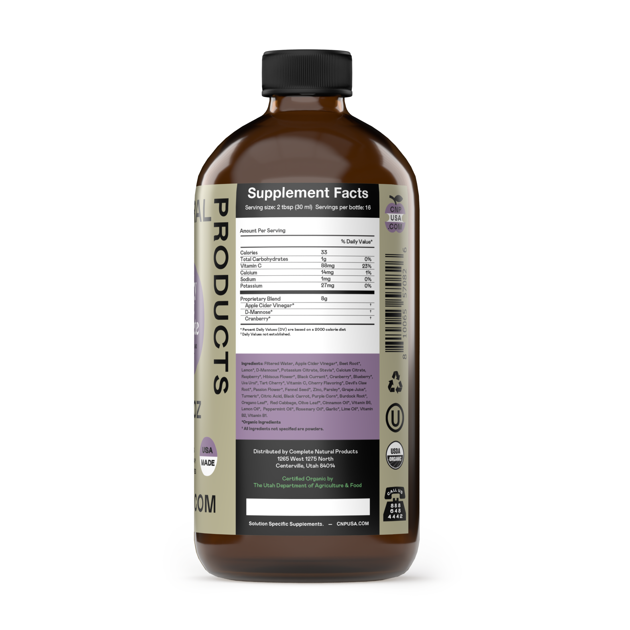 Urinary Tract Complete 16oz Glass Bottle supplement facts panel