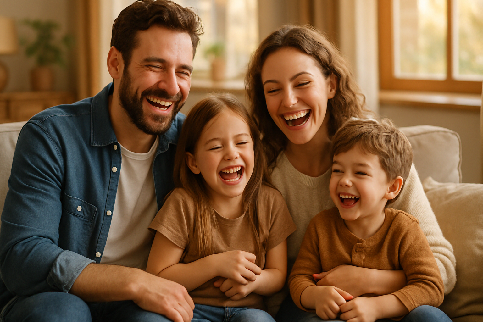 A family in a home smiling and laughing