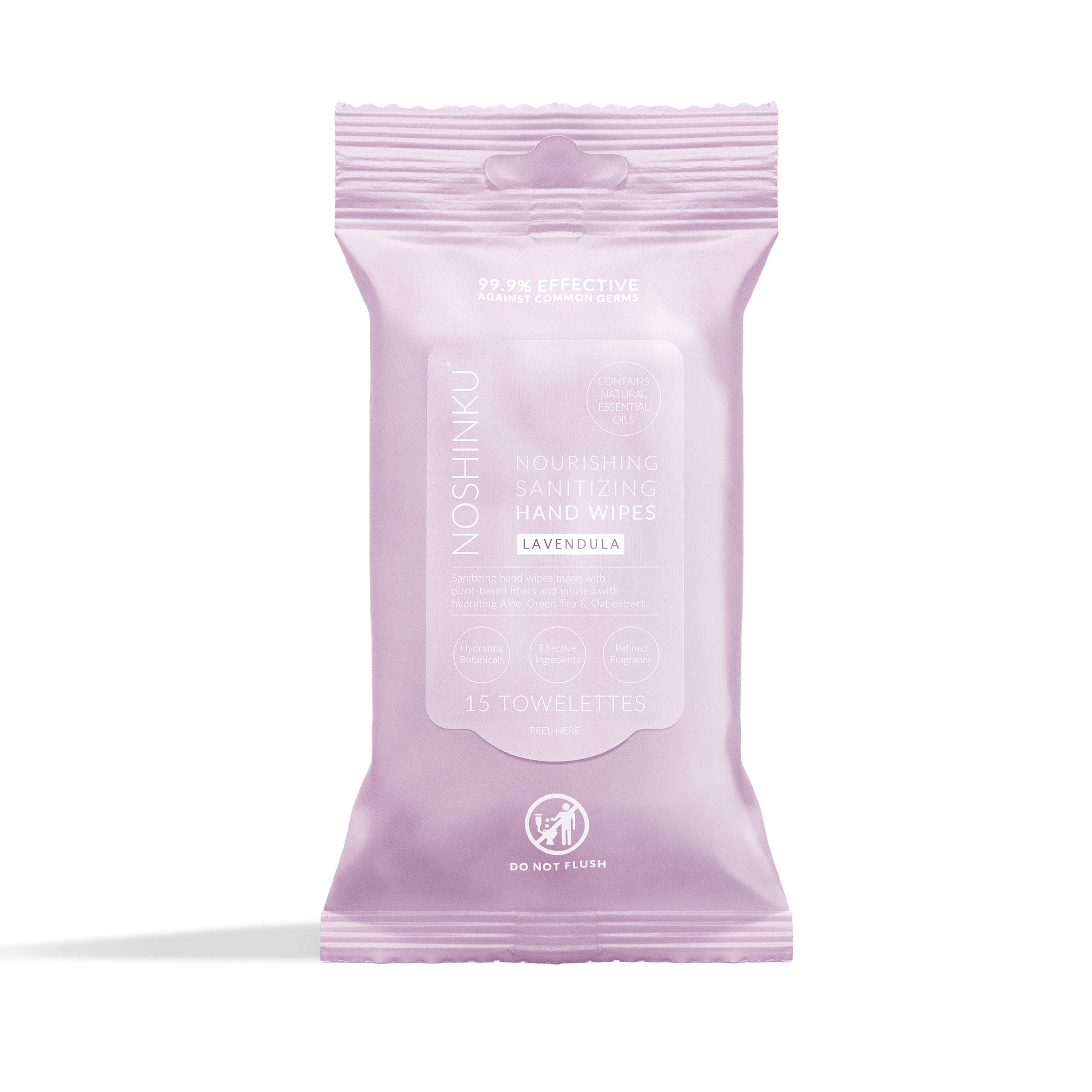 Lavender Nourishing Hand Sanitizing Travel Wipes packet close-up showing label