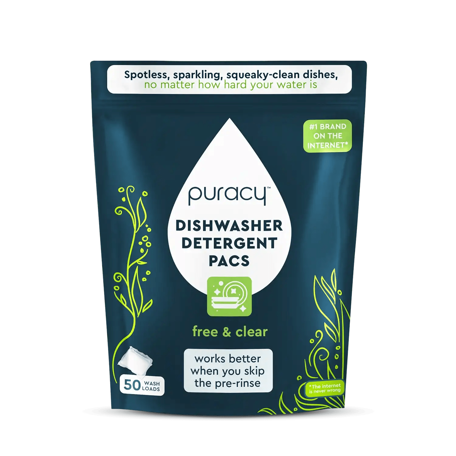Puracy Natural Dishwasher Detergent Packs: Free & Clear / Pack of 50 - Free Living Co